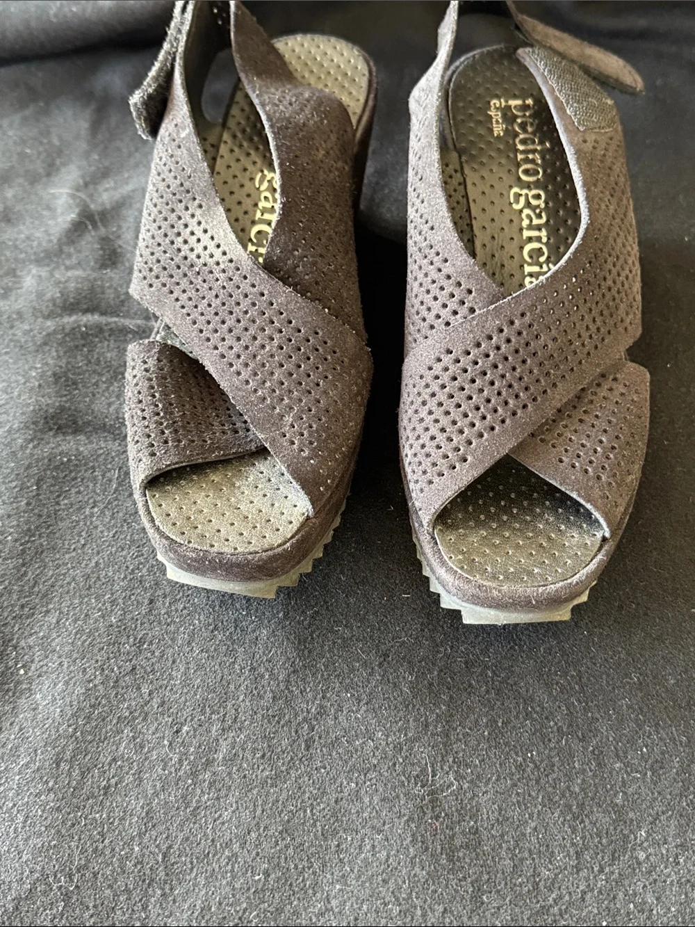 Pedro Garcia Perforated Suede Wedge Sandals - Black